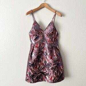 Laundry by Shelli Segal Multi Metallic Floral V Neck Mini Dress Women's Size 14